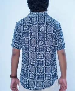 Navy Blue Square Print Cuban Collar Casual Shirt