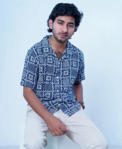 Navy Blue Square Print Cuban Collar Casual Shirt - Image 3