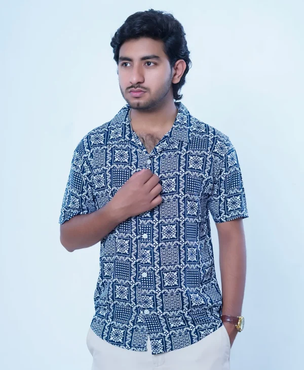 Navy Blue Square Print Cuban Collar Casual Shirt