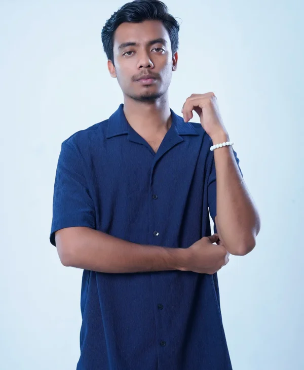 Navy Textured Plain Slim Fit Casual Shirt