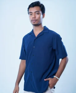 Navy Textured Plain Slim Fit Casual Shirt - Image 3