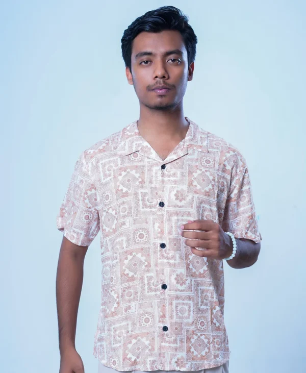 Vintage Peach Tile Print Cuban Collar Shirt