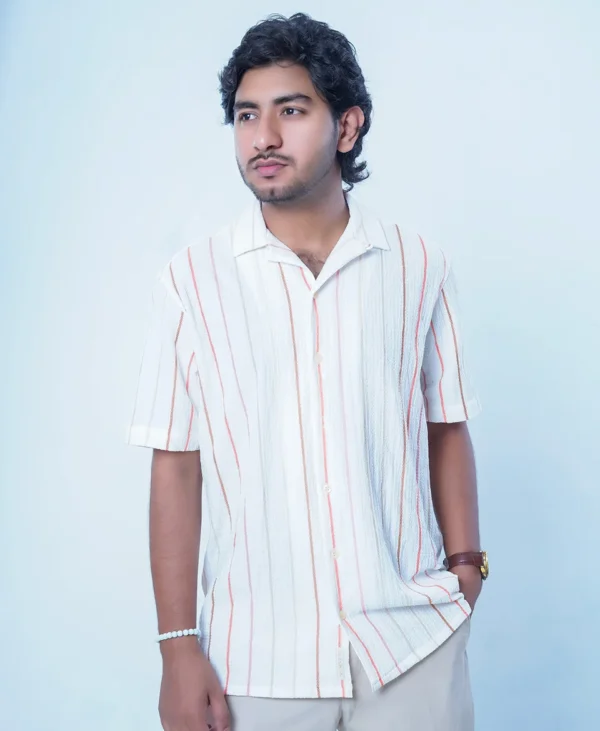 White Textured Stripe Relaxed Fit Casual Shirt